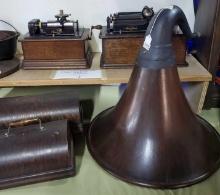 2 Edison Cylinder Phonographs in Oak Cases and Oak Panel Cygnet Horn