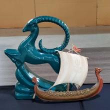 Royal Haeger Ibex Sculpture and Retro Syroco Viking Ship Wall Plaque