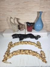 5 Pcs. Vintage Pottery Plus Italian Gold Gilt Wreath Decorations