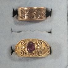 2 - 10K Rings; Rose Gold Band And Yellow Gold & Garnet Rings