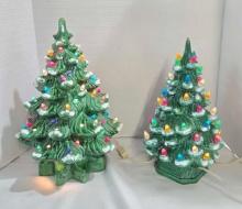 2 Vintage Ceramic Christmas Tree Lights with Snow