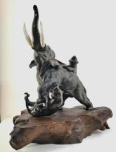 Fine Quality 19th Century Meiji Japanese Bronze Elephant And Tiger Group On Stand