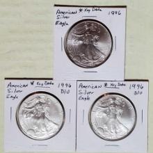 3 1996 1oz Pure .999 Silver Eagle Bullion Coins (Key Date)