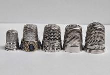 5 Antique Sterling Silver Thimbles with Hand Written Scroll Descriptions