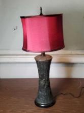 Embossed Asian Crane Design Base Table Lamp with Muted Red Shade