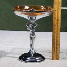 7 1/2" Chrom Faberware Statuesque Art Deco Compote With Cambridge Amber Glass inset