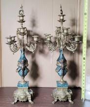 Pair of 24" Marble and Bronze Mantle Depenecy 7 Light Candlabras