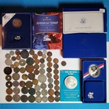 Tray Lot of US & World Coins Including Silver Commemorative, US Indian Head, 2 Cent Pieces and More