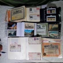 5 Albums of Vintage and Antique First Day Covers, Stamps, Postcards and Old Stock Certificates