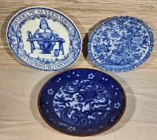 Lot Of 3 Early Blue And White China Plates / Chargers