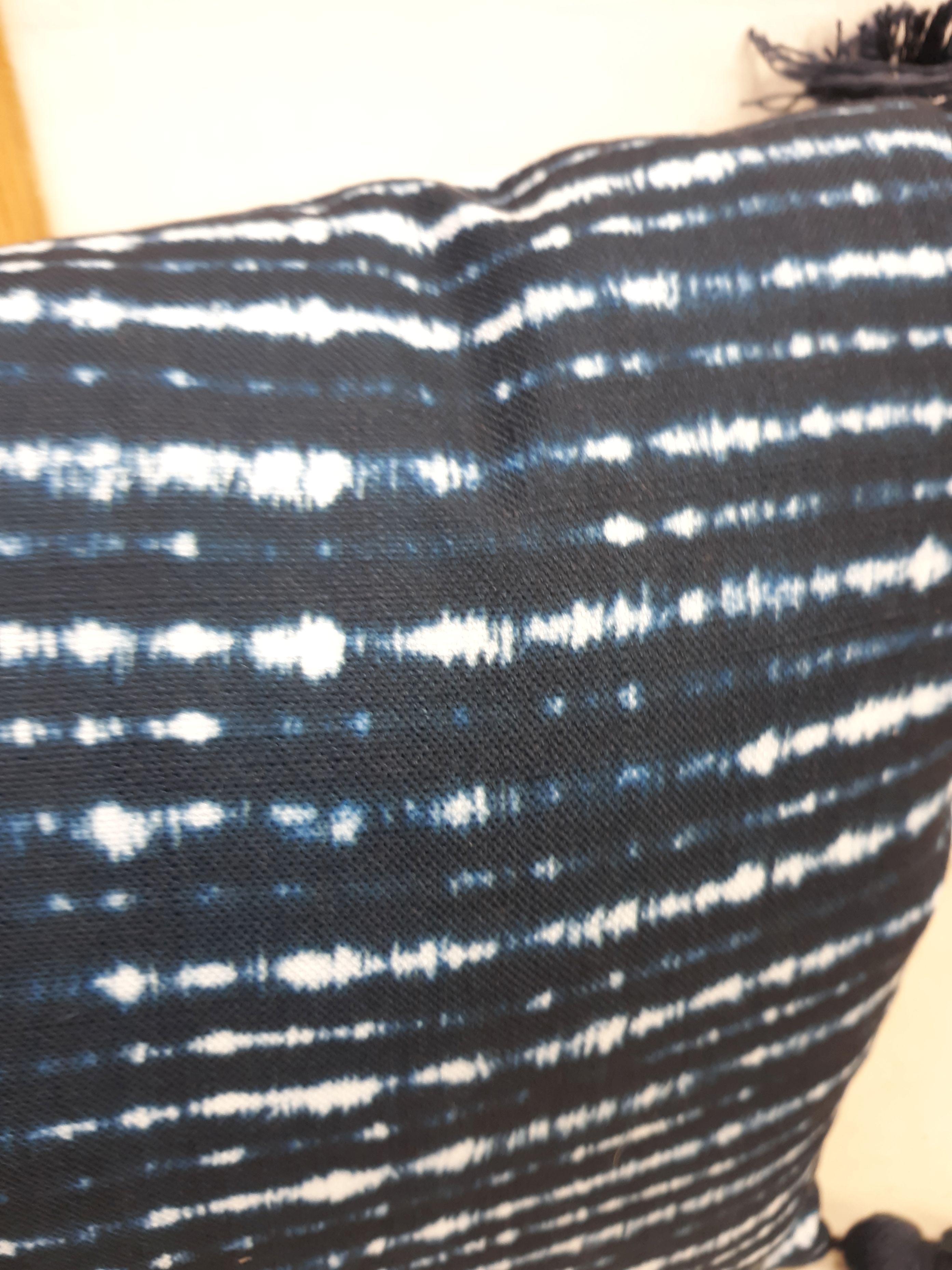 Pillow, navy blue tie dye lines with tassels