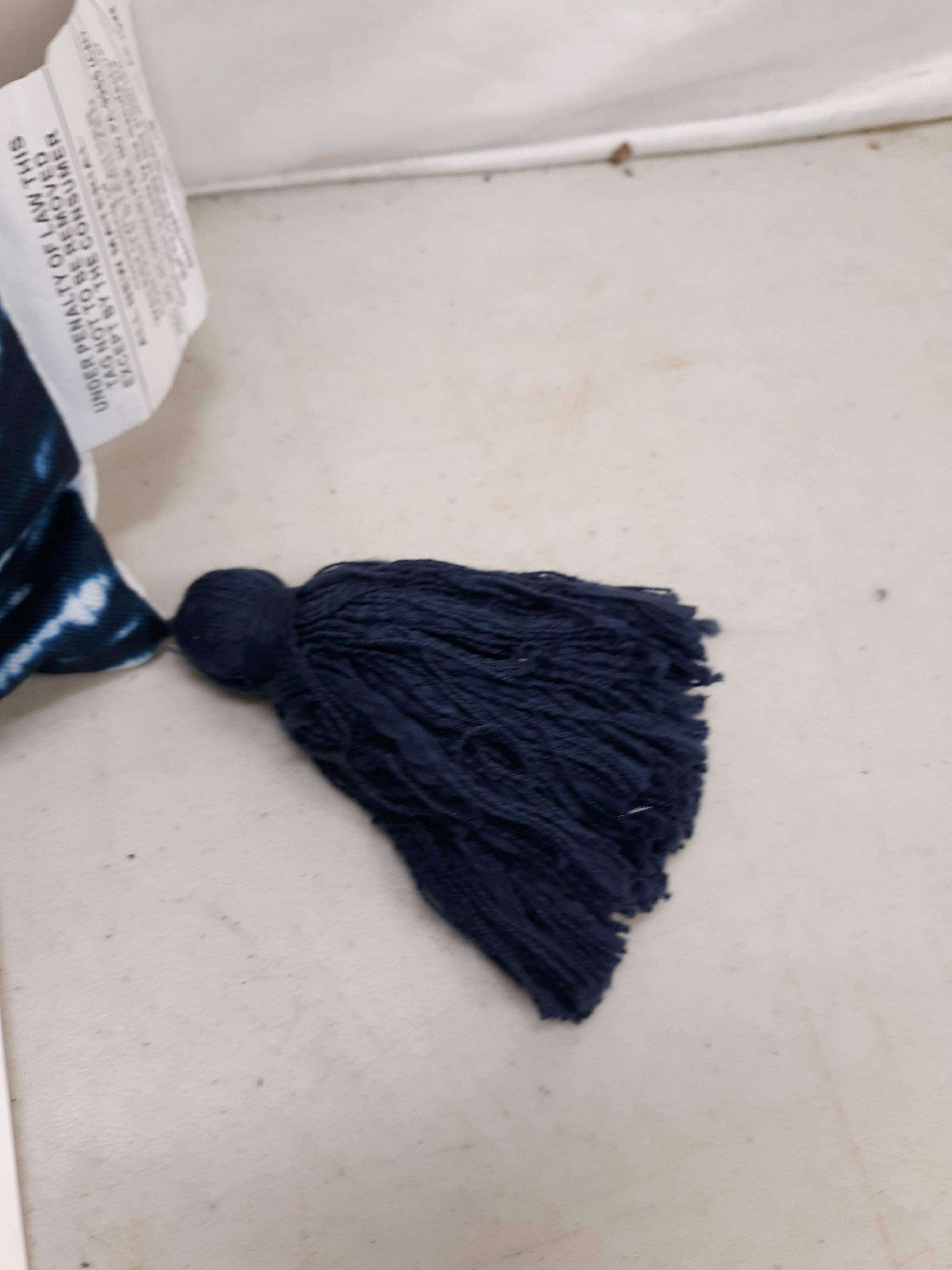Pillow, navy blue tie dye lines with tassels