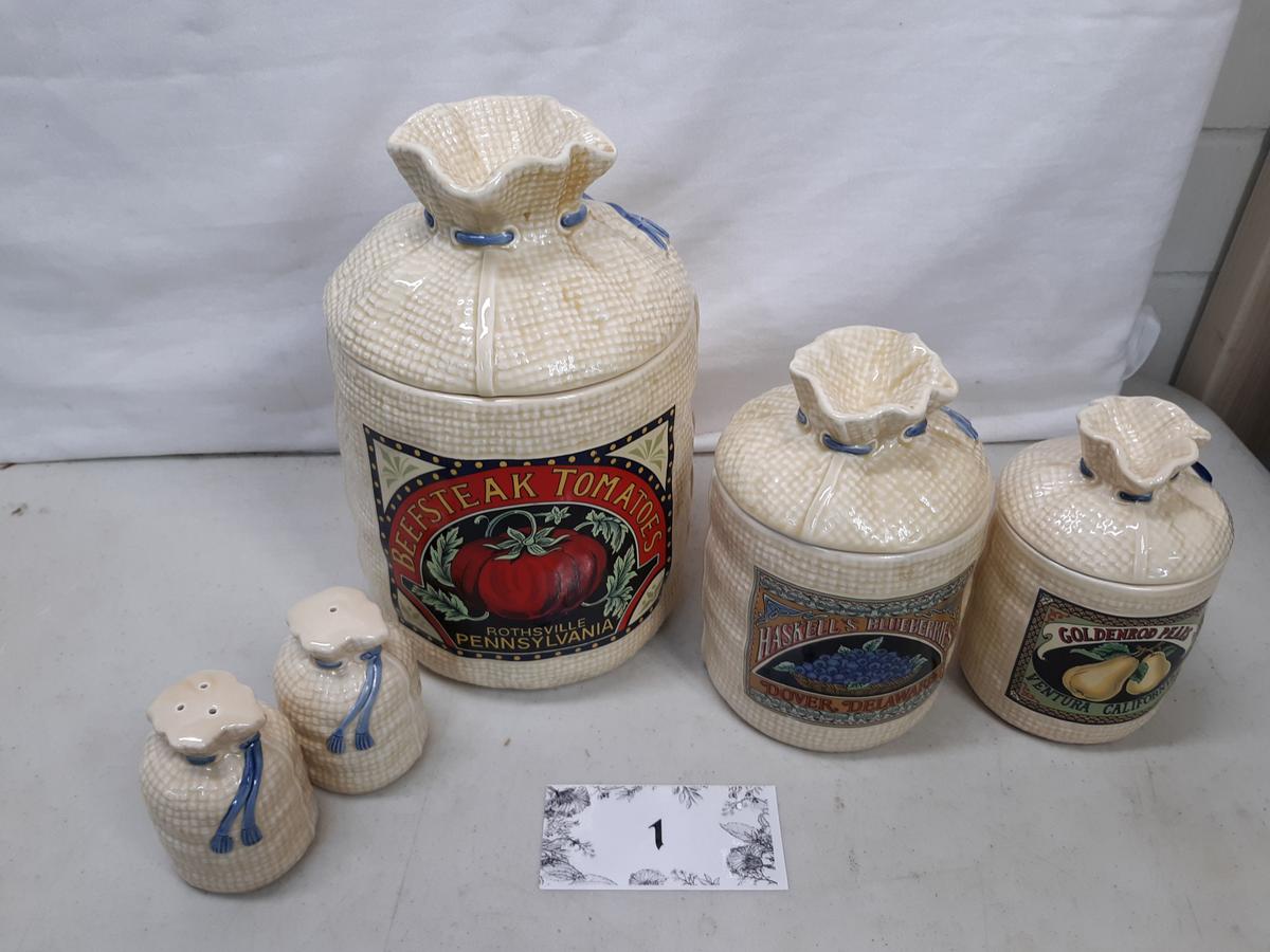 1988 H & HD ceramic burlap bag look 3 canister and salt and pepper shaker set