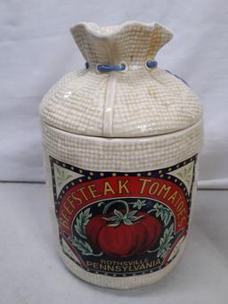 1988 H & HD ceramic burlap bag look 3 canister and salt and pepper shaker set