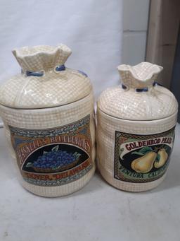 1988 H & HD ceramic burlap bag look 3 canister and salt and pepper shaker set