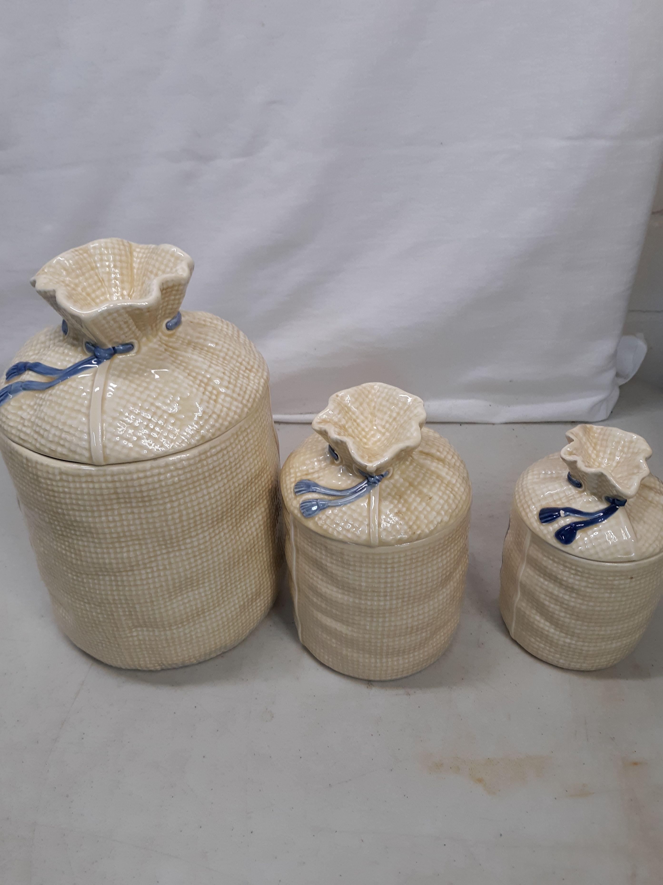 1988 H & HD ceramic burlap bag look 3 canister and salt and pepper shaker set