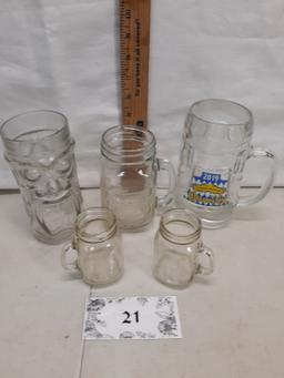 glasses lot, screaming tiki mug, handled mason jar, 2019 Oktoberfest pants mug