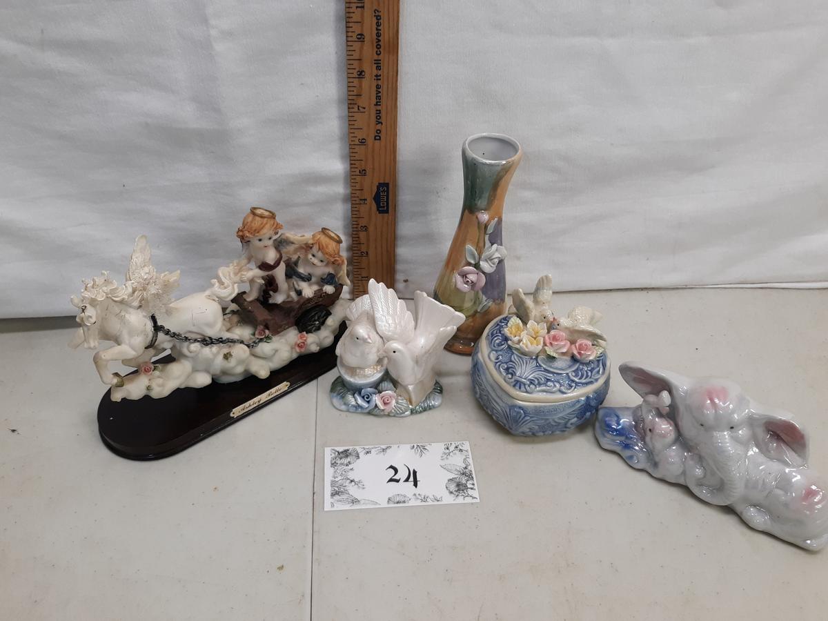 ceramic lot, doves, pegasus pulling cherubs, elephant