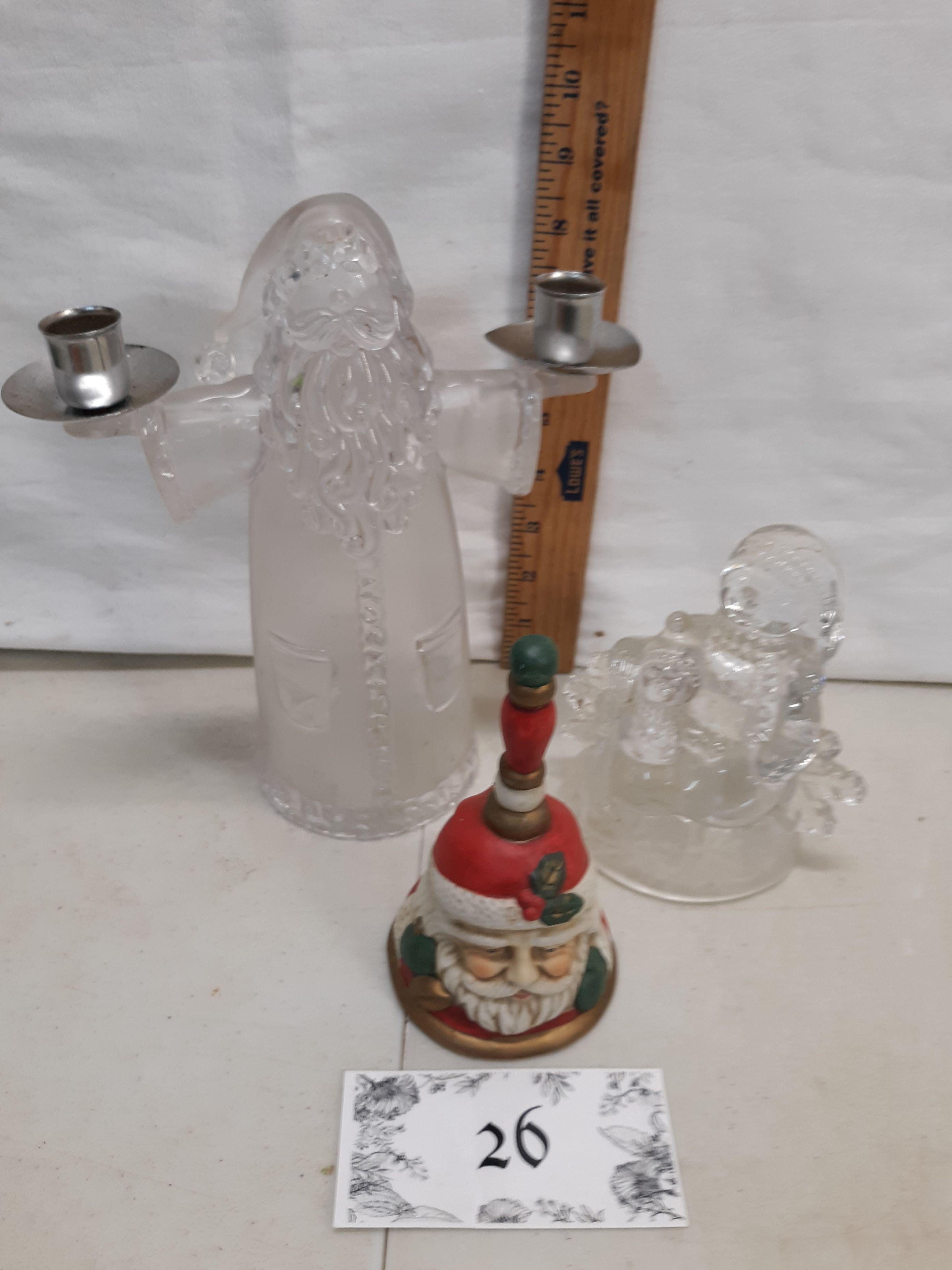 santa bell and plastic candelabra, glass snowmen