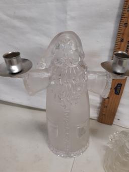 santa bell and plastic candelabra, glass snowmen