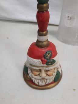 santa bell and plastic candelabra, glass snowmen