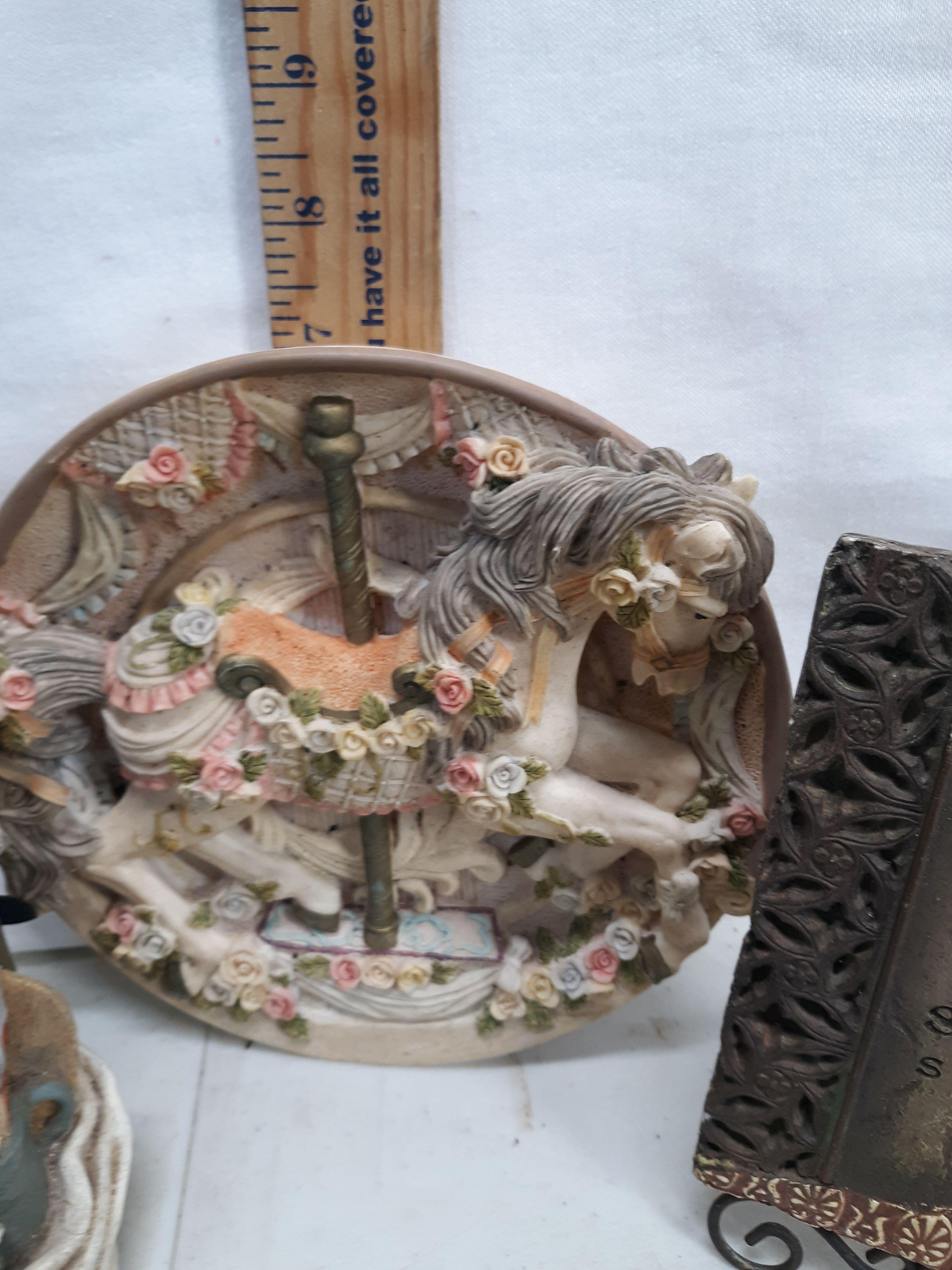 box lot angel, artist dimensional frames, carousel horse plate, etc