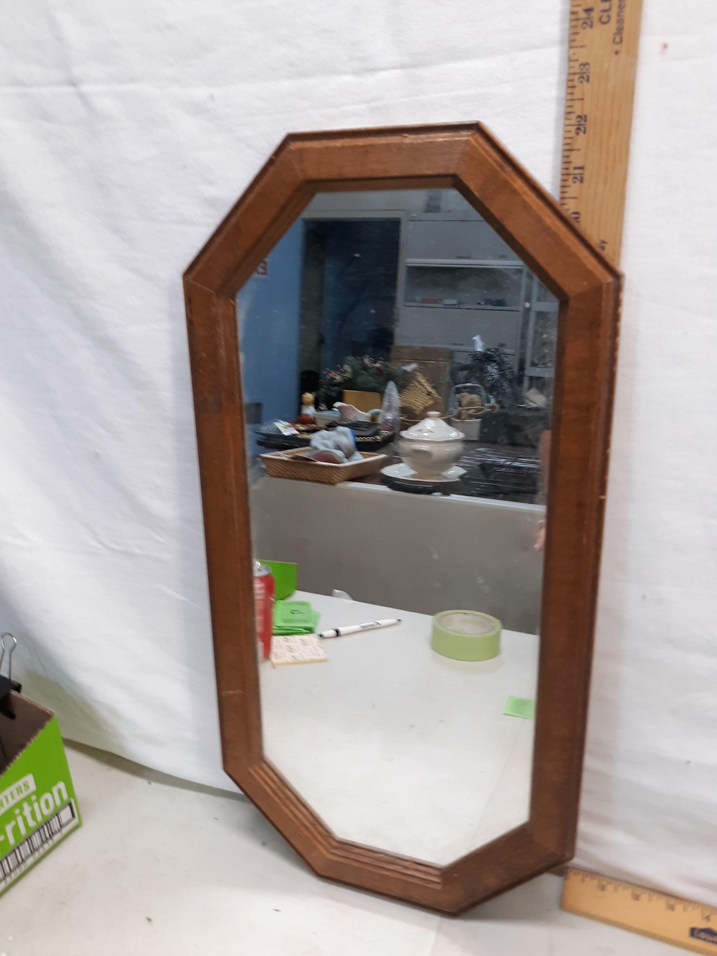 small wood framed mirror, wood slat sided fruit basket