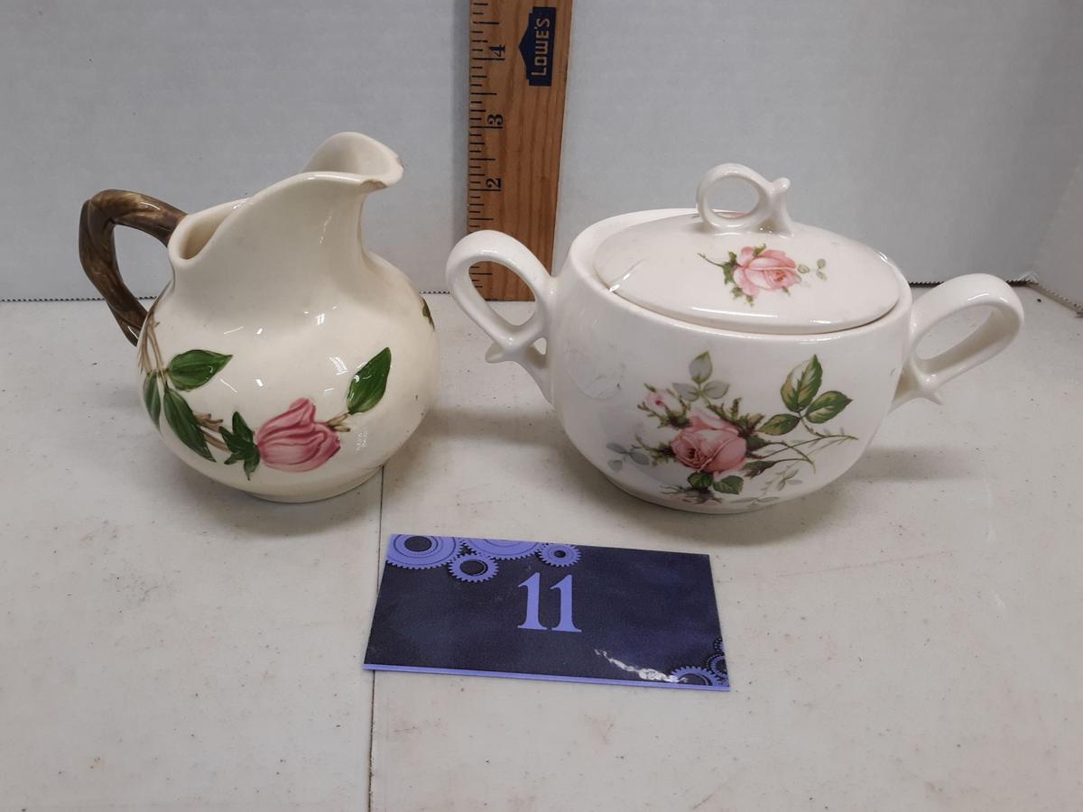 Franciscan creamer, sugar bowl with transfer flowers