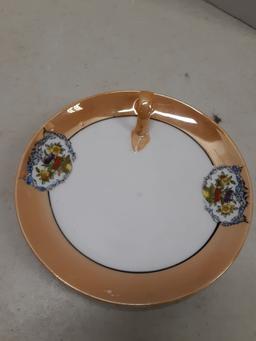Two marigold carnival shamrock trinket dishes, one Noritake candle plate