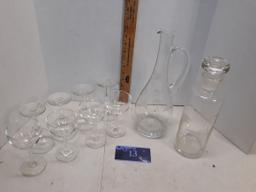 decanter with stopper, 8 wine glasses, pitcher