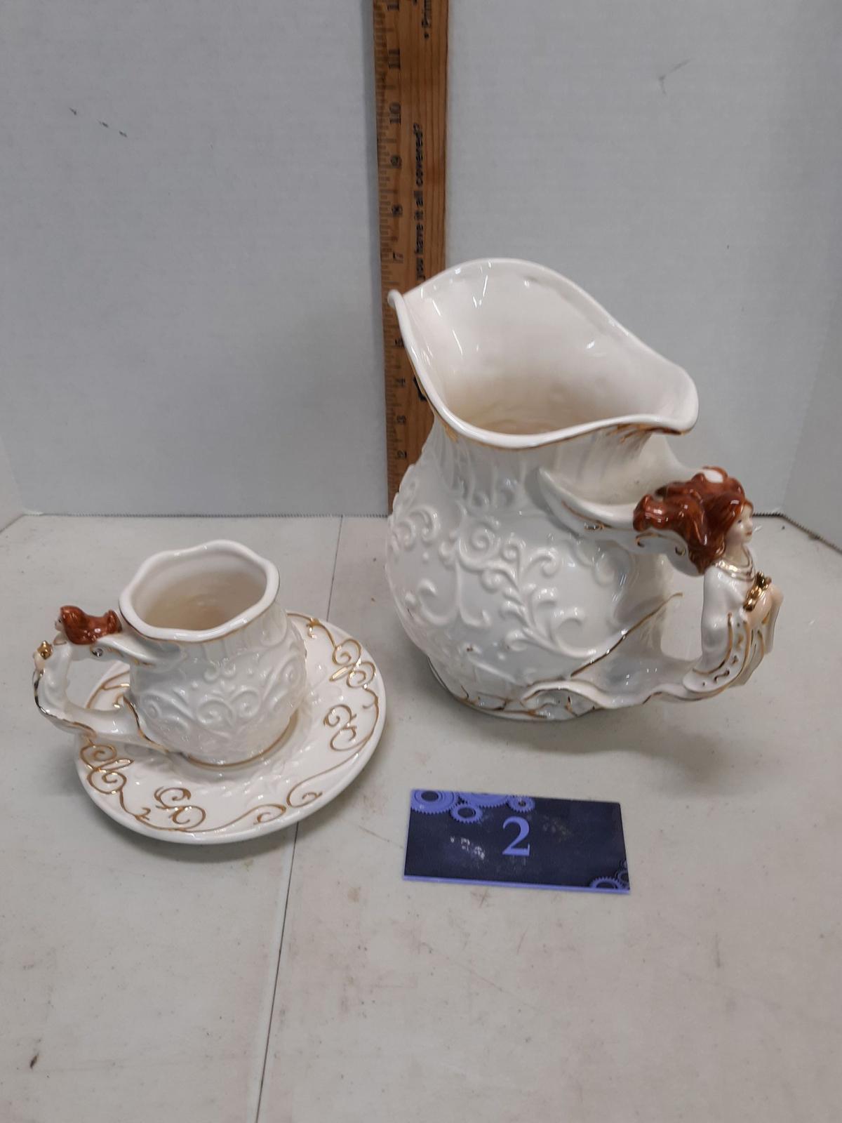 Pacific Rim white and gold angel pitcher, creamer and saucer