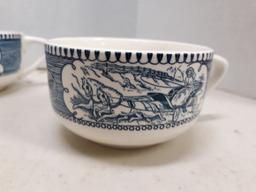 Four blue Currier and Ives coffee cups, Lady Driving Wagon