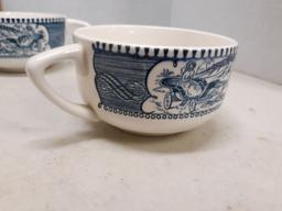 Four blue Currier and Ives coffee cups, Lady Driving Wagon