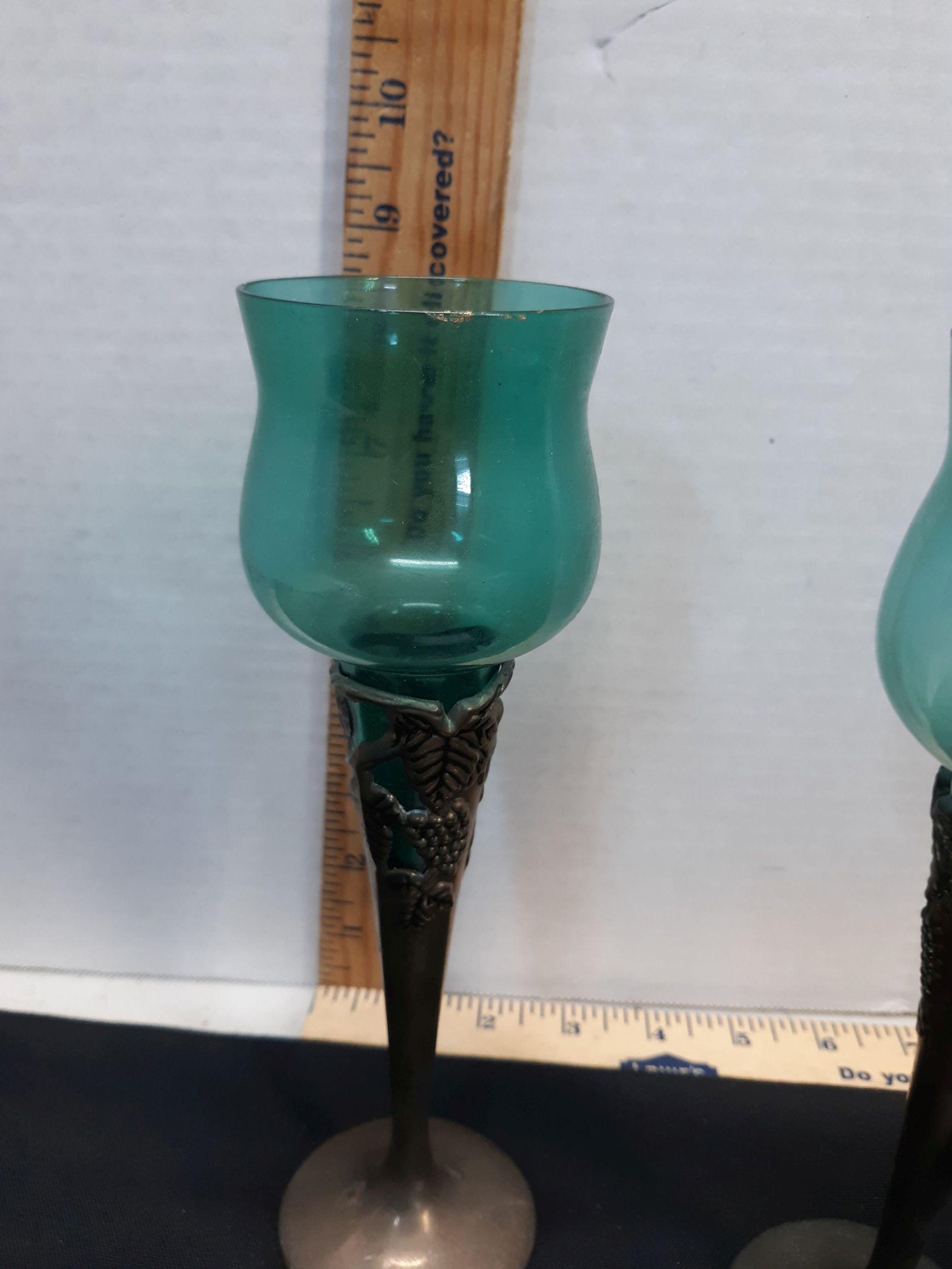 Set of Metal candle sticks w/green glass votives