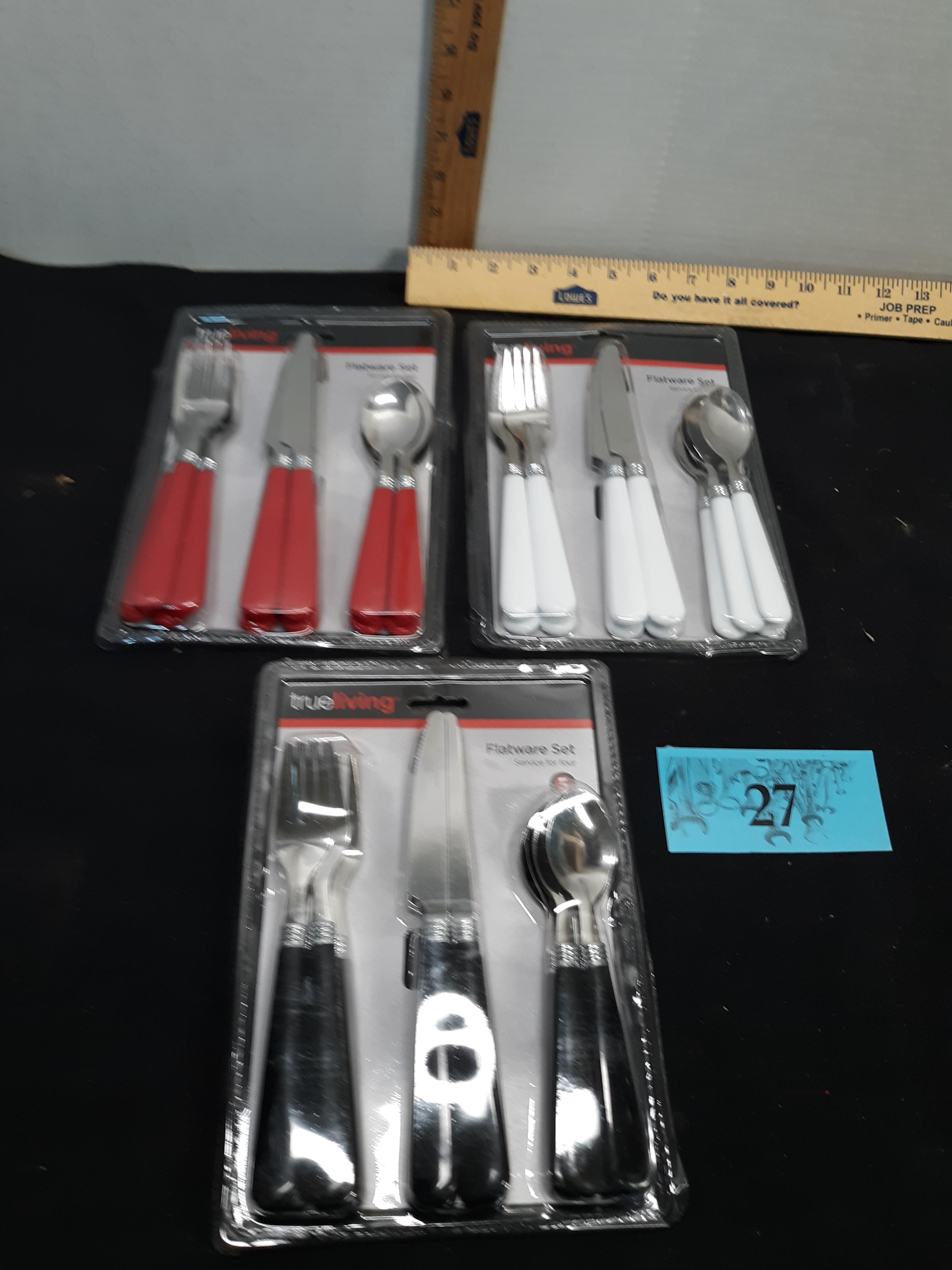 Tru Living Service for 4 Flatware set, New, 1-white, 1-red, 1-black, 3x bid