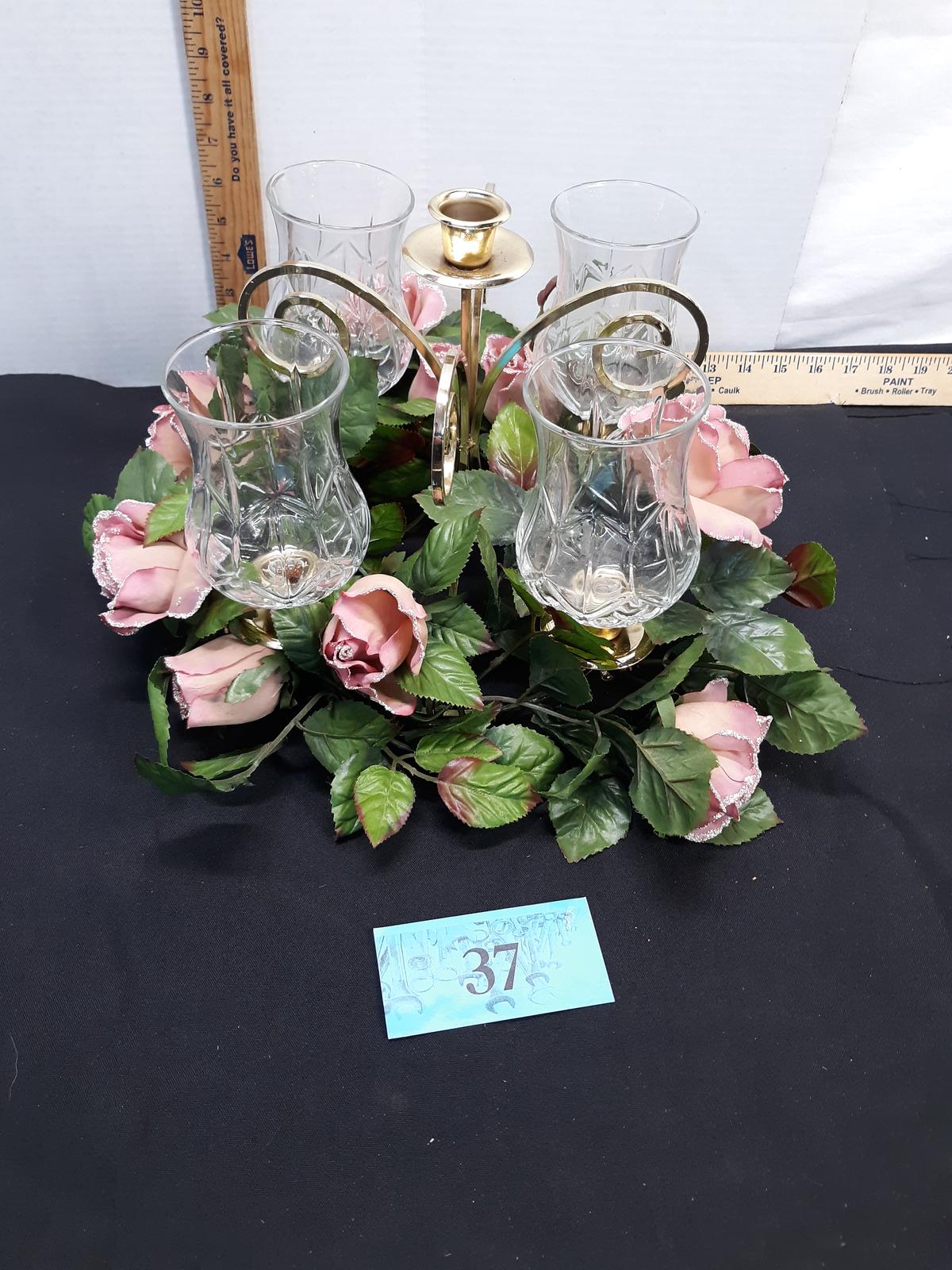 Home Interior Centerpiece, 5 candles slots, 4 votives, rose greenery