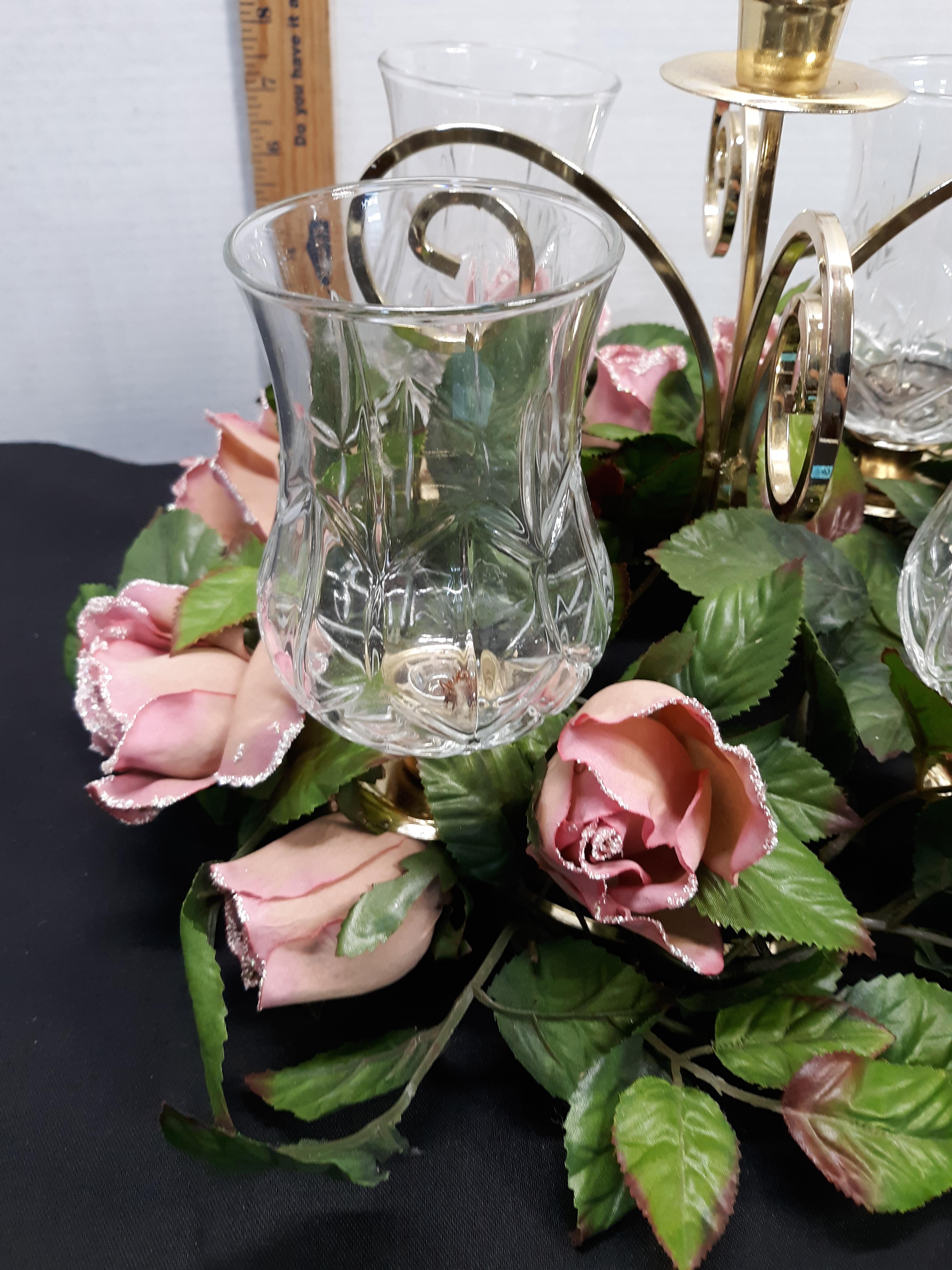 Home Interior Centerpiece, 5 candles slots, 4 votives, rose greenery