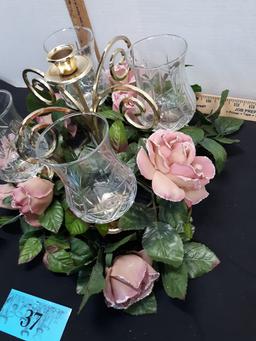 Home Interior Centerpiece, 5 candles slots, 4 votives, rose greenery