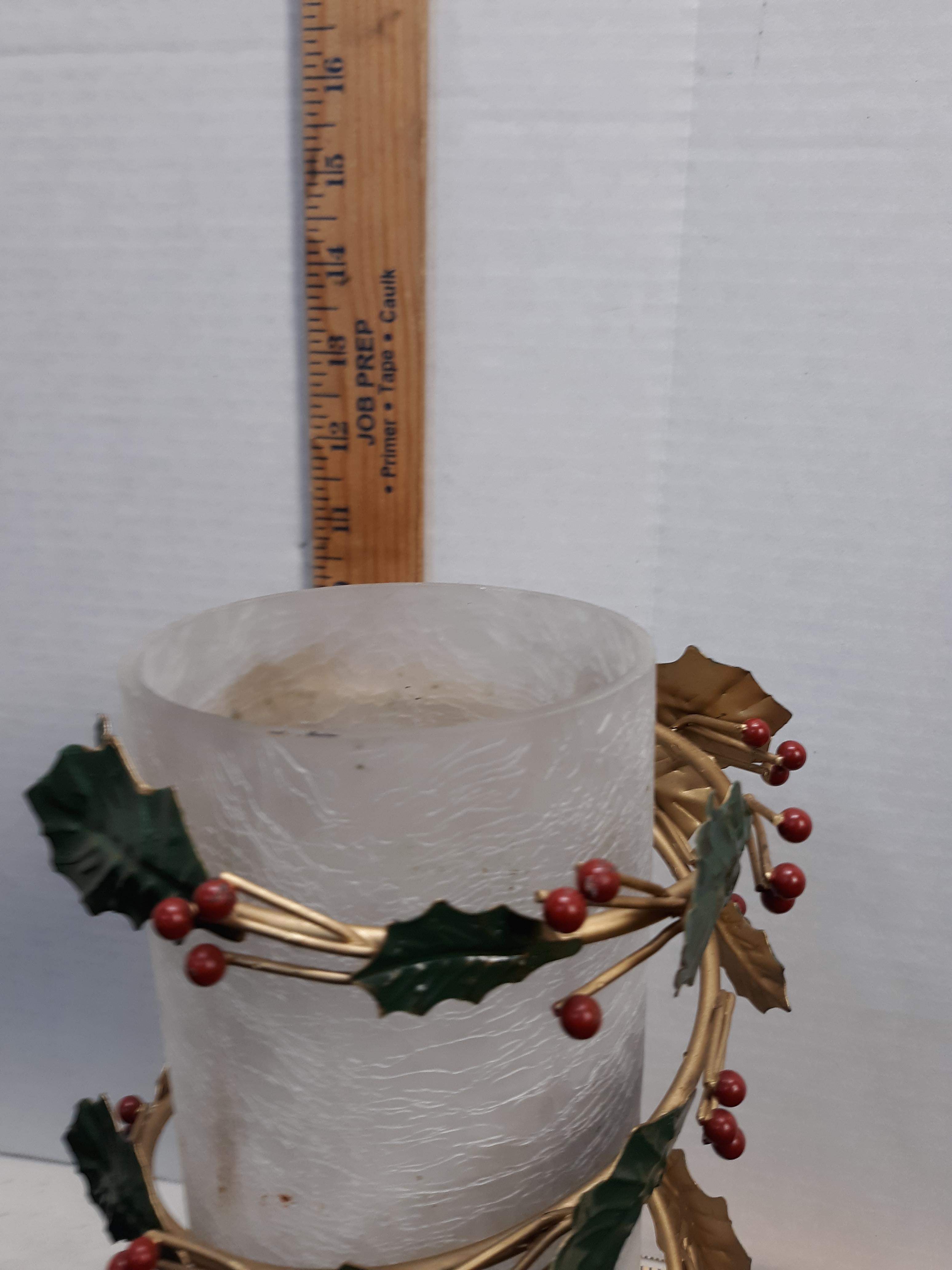 Metal & Glass Candle Holder w/Holly