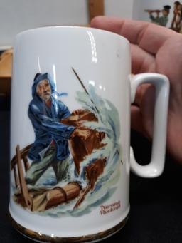 Bamboo serving tray and two Norman Rockwell Mugs