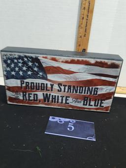 Two Red, White, and Blue wall décor pieces, bottle opener