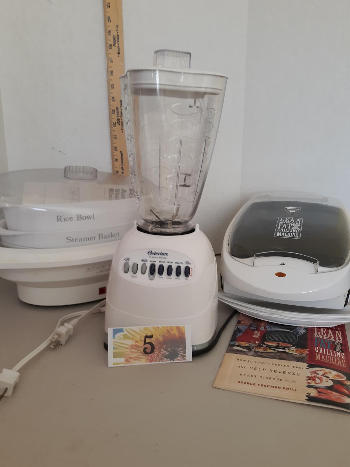 3 Kitchen Appliances, Rival Steamer, Foreman Griller, Osterizer Blender