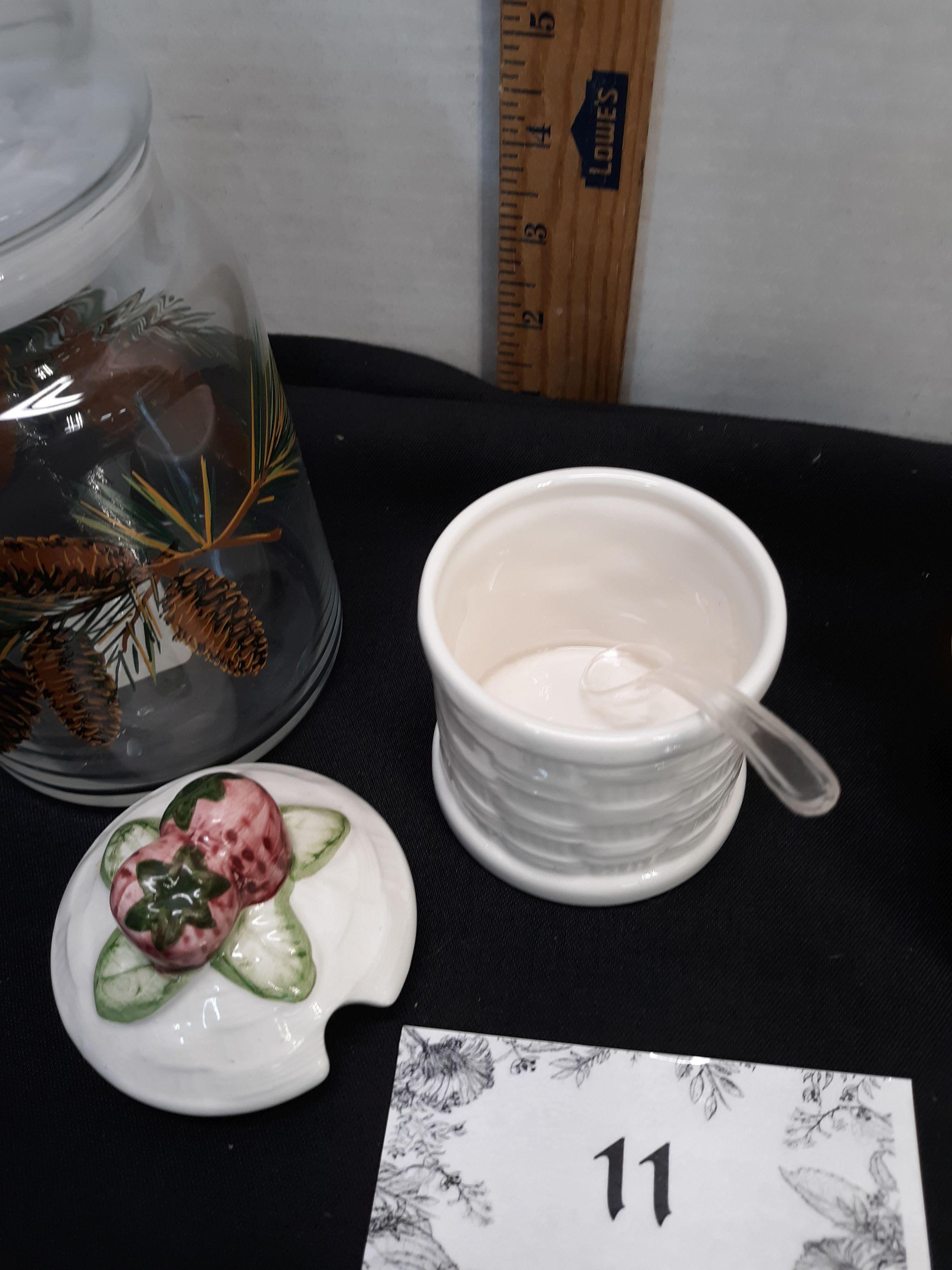 Jar w/Lid w/painted pine cones, jelly server, Deocrative Tea Pot