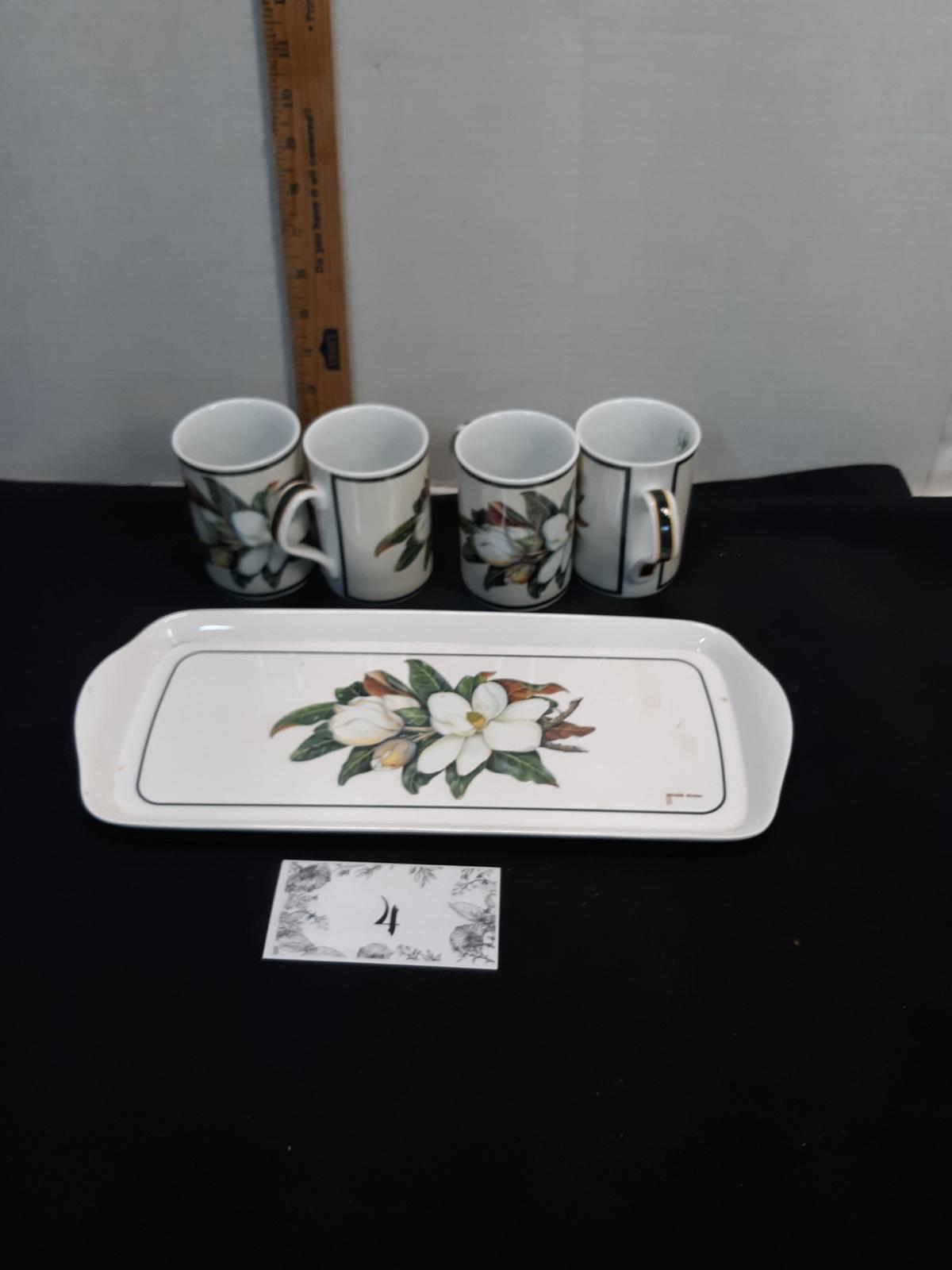 Set of 4 Magnolia Coffee Cups on Tray