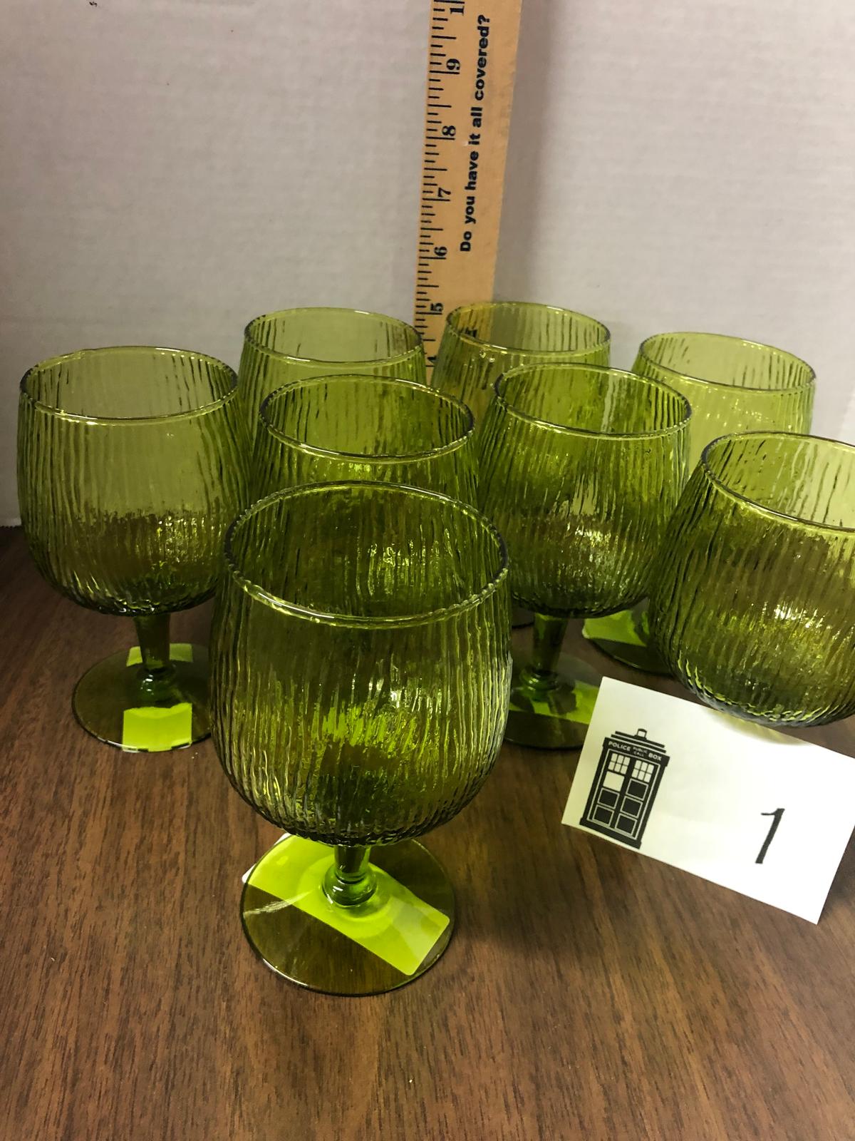 eight glasses, wine, midcentury, green textured