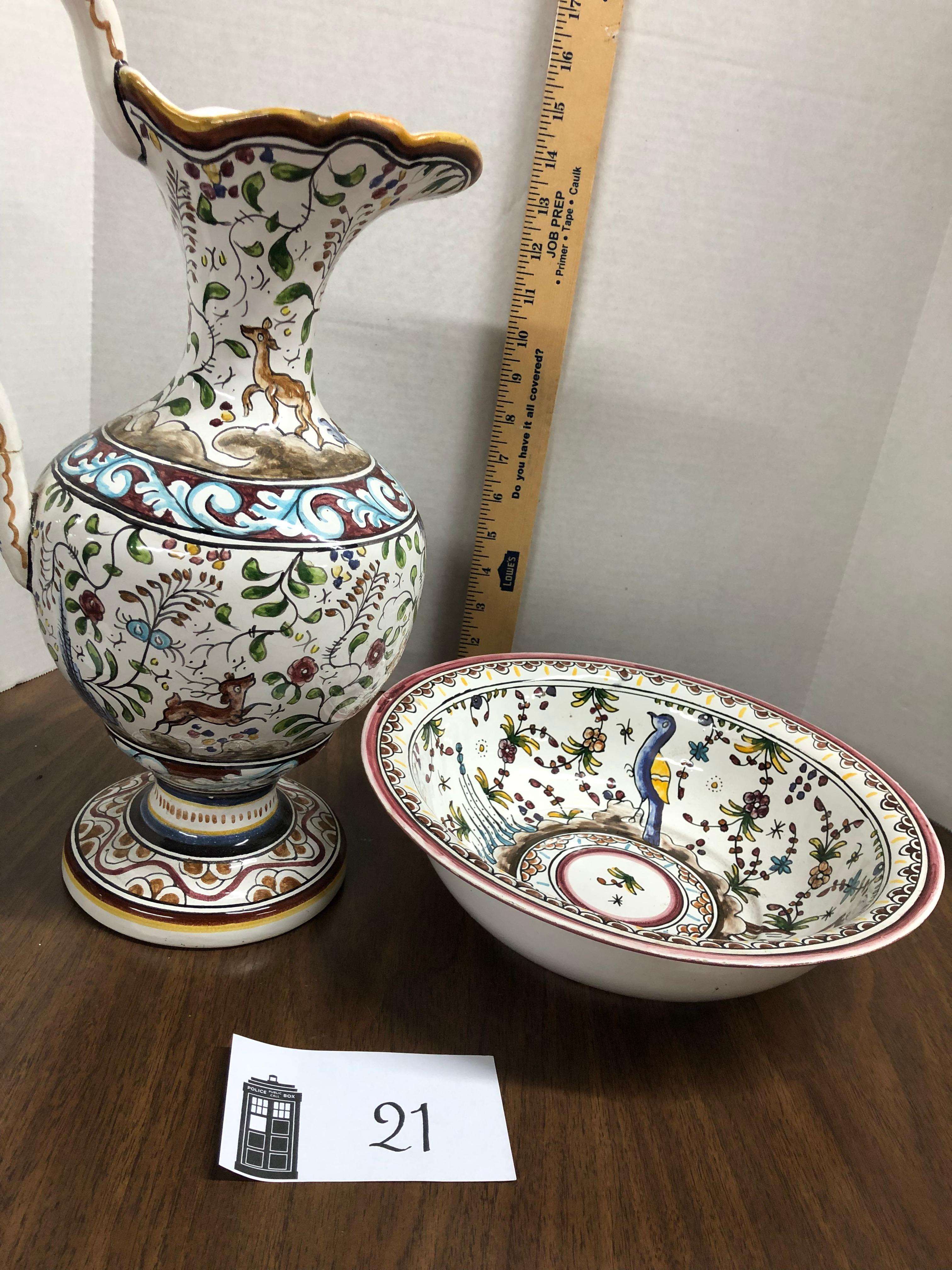Handpainted Italian pitcher and bowl, damage to handle of pitcher