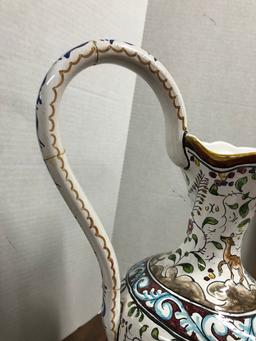 Handpainted Italian pitcher and bowl, damage to handle of pitcher
