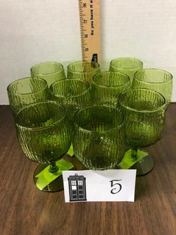 ten glasses, sherry, midcentury, green textured