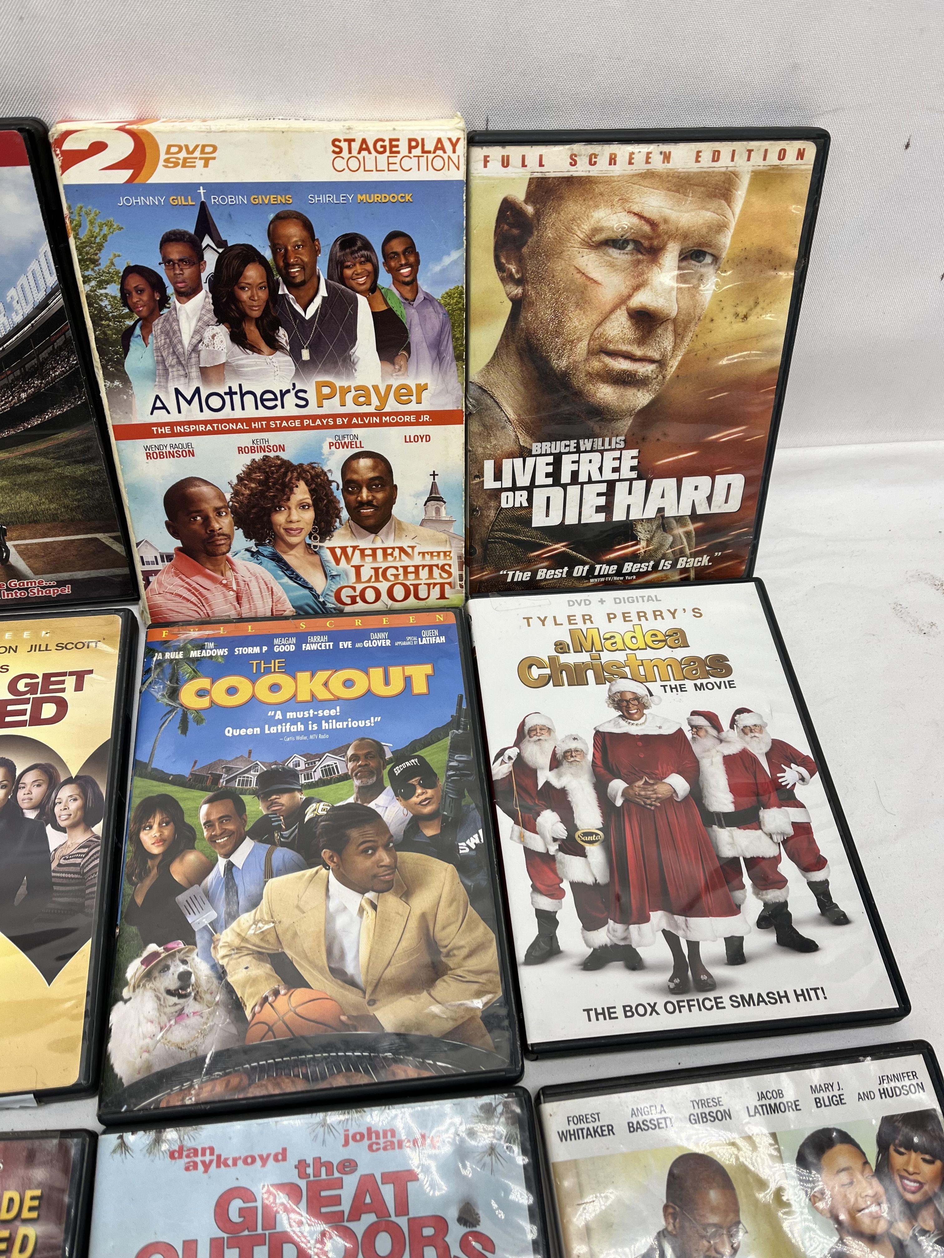 (12) DVDs/Mr 3000, Live Free or Die Hard, The Cookout, Get Out, ETC