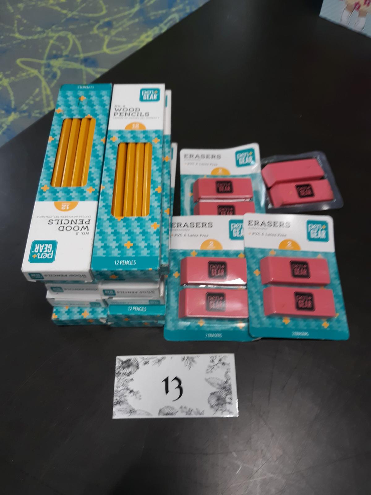 No2 Pencils, 10 sets of 12 pencils, 4 sets of 2 erasers, NEW